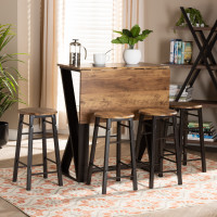 Baxton Studio LY-N0615-5PC Pub Set Richard Industrial and Rustic Walnut Finished Wood and Black Metal 5-Piece Pub Set with Extendable Tabletop